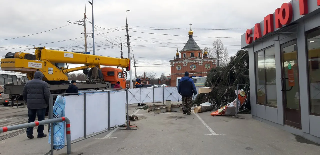"Предупреждали же о ветре!" - фоторепортаж с места падения елки ТД "Барс"