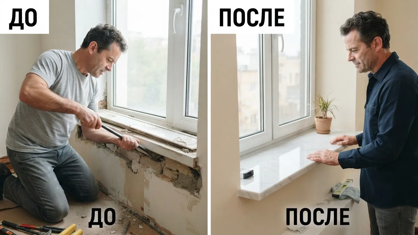 Пластиковый подоконник больше не ставлю: материал под мрамор полностью меняет вид окна