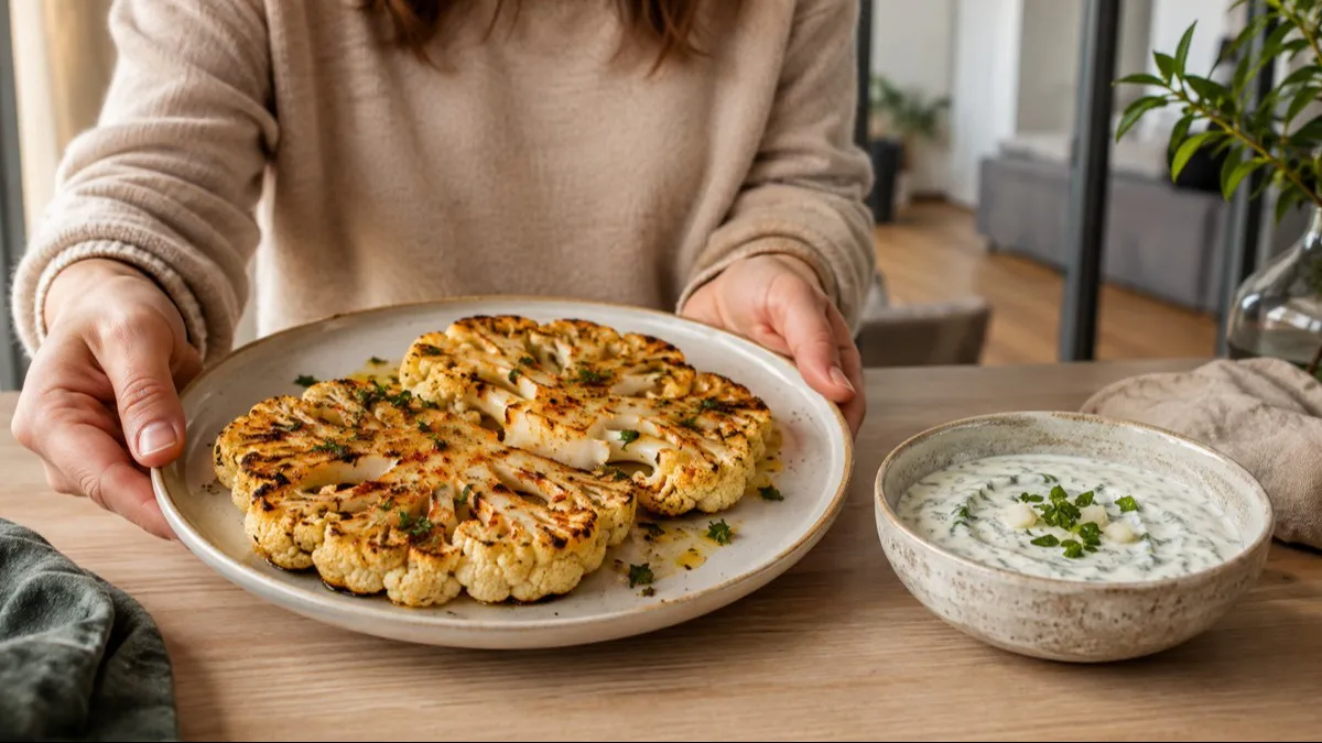 Цветную капусту режут не на соцветия, а на толстые пластины: через 25 минут получается румяный ужин с холодным йогуртовым соусом