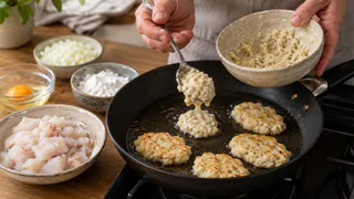 Филе минтая рубят ножом и смешивают с яйцом и крахмалом: быстрые рыбные котлеты жарятся как оладьи